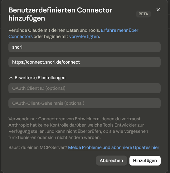 Dialog with name and snori address.