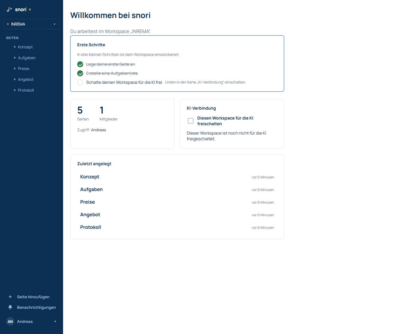 Die Startseite mit Checkliste, Statistik, Workspace Connect und zuletzt angelegten Seiten.