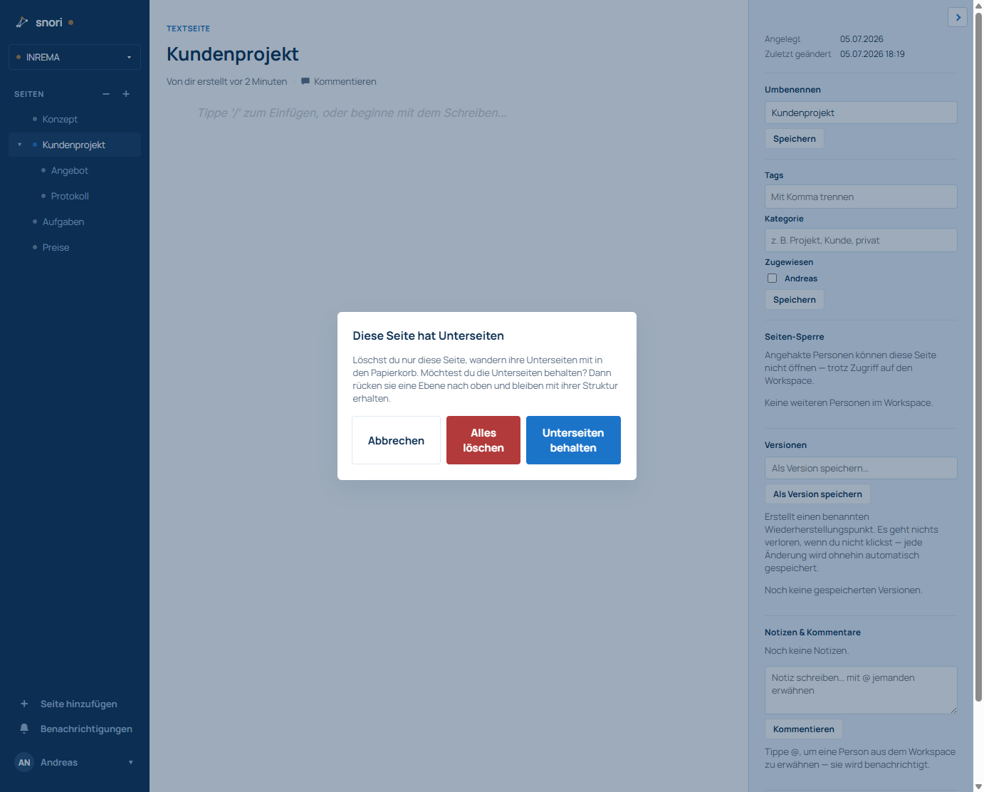 Before deleting a page with subpages: keep them or delete everything.