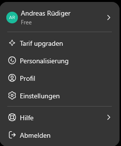 Profile menu with “Settings”.