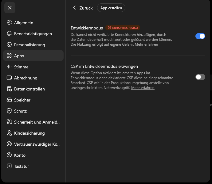 Developer mode on, “Create app” button.