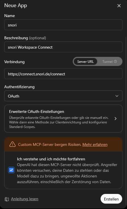 New app: name, server URL and OAuth.