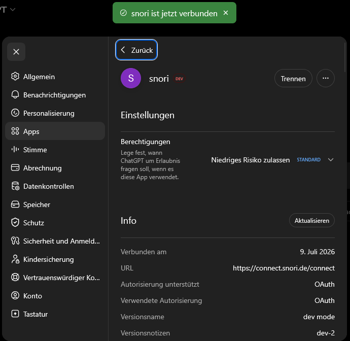 ChatGPT: “snori is now connected”.