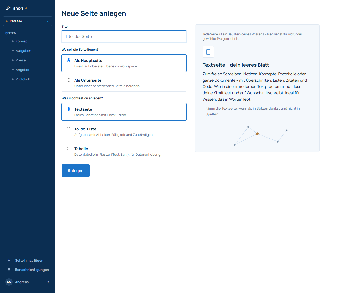 New page: placement first, then the type.