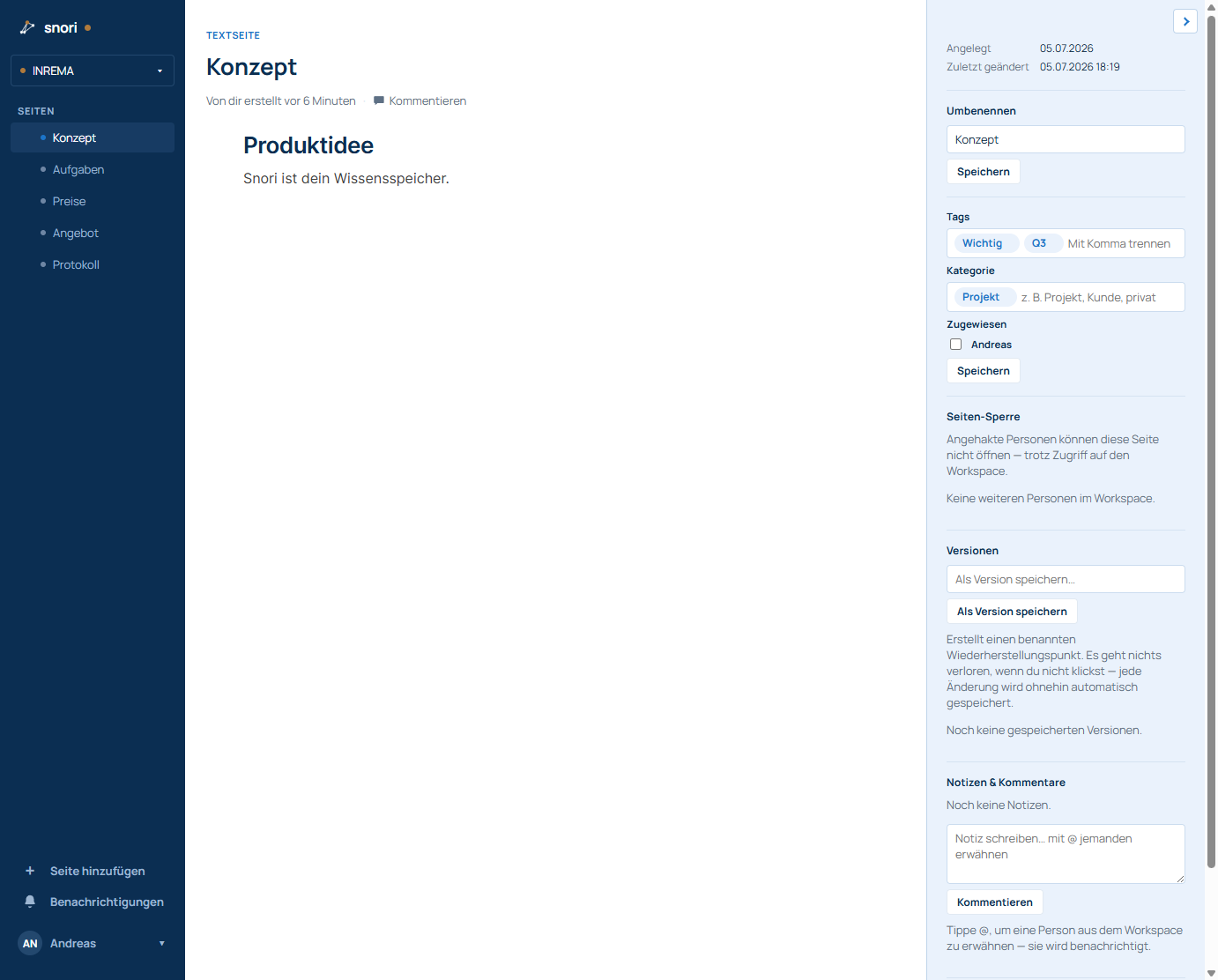 Eine Textseite mit dem Detail-Panel: Tags/Kategorien, Versionen, Notizen & Kommentare.